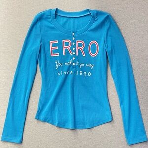 AERO Blue Ribbed Long Sleeve Graphic Top Women’s Large Y2K Fitted Casual‎ Shirt